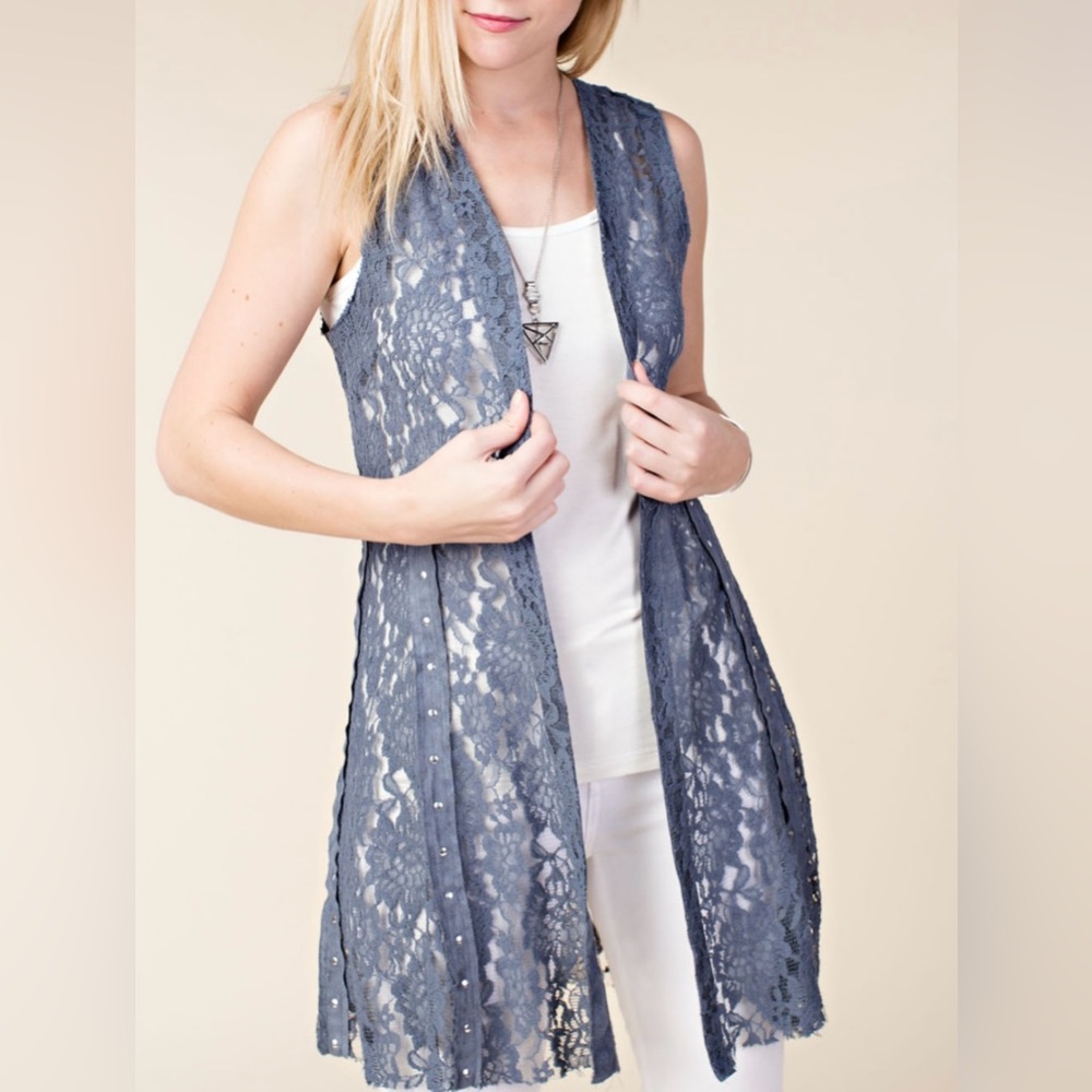 Denim Studded Lace Vest